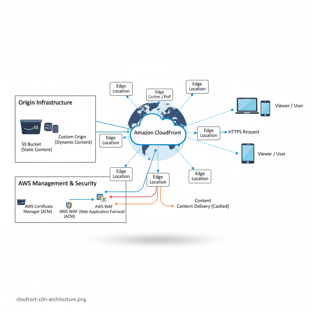 Amazon CloudFront CDN edge architecture with WAF/Shield and origins (S3, EC2/ALB)